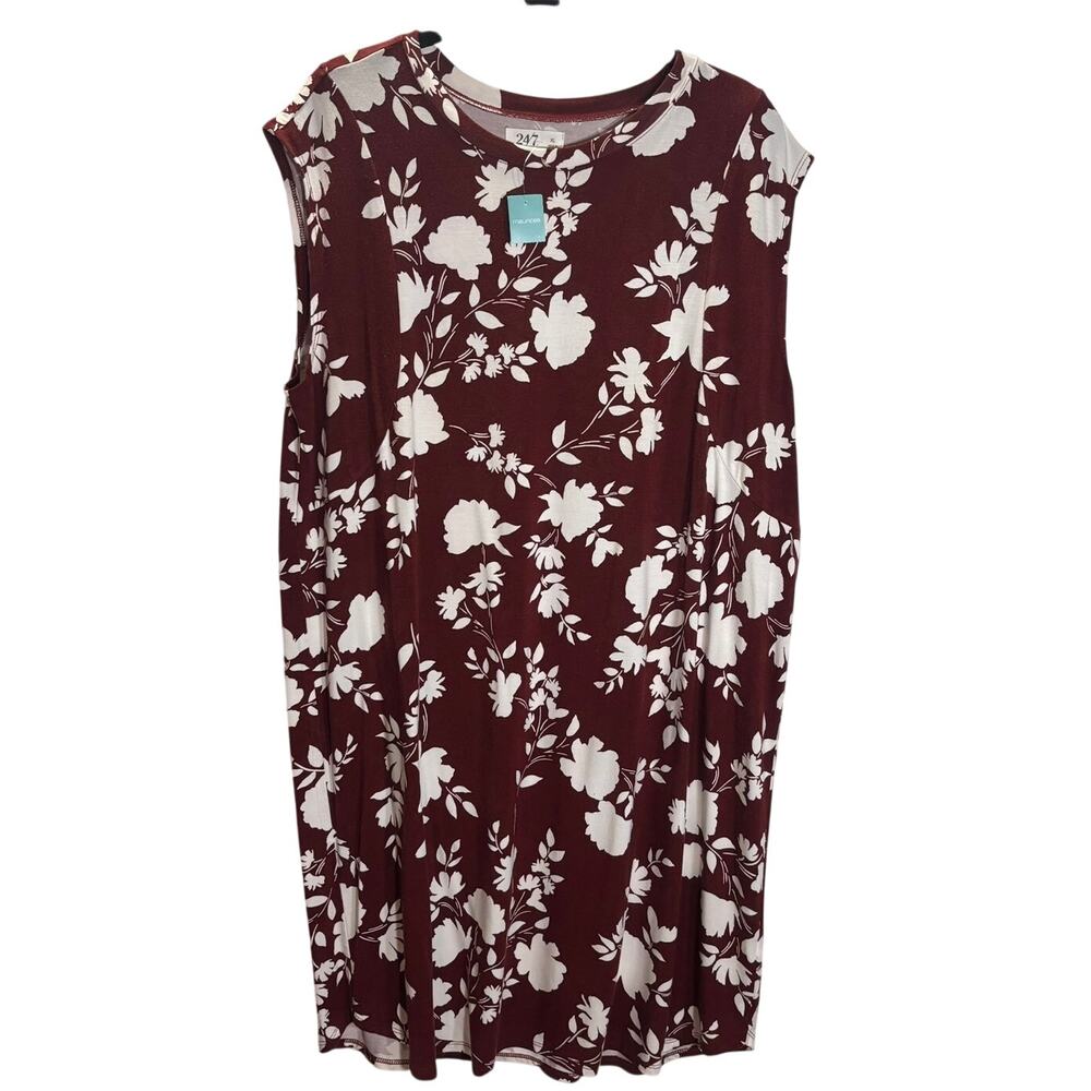24/7 Maurices Burgundy Floral Shift Dress XL Sleeveless Stretch Casual NWT